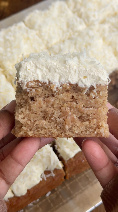  "A hand holding a slice of vegan coconut cake showing the soft, fluffy interior crumb with coconut flakes and spices"