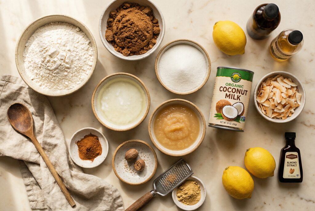 Overhead flat lay of vegan coconut cake ingredients in small bowls — flour, sugars, coconut oil, spices, coconut milk, applesauce, coconut flakes, and lemons