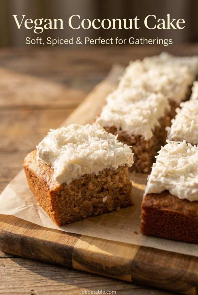Pinterest pin image for Vegan Coconut Cake recipe — soft, spiced sheet cake topped with dairy-free whipped cream and coconut flakes from dedetable.com