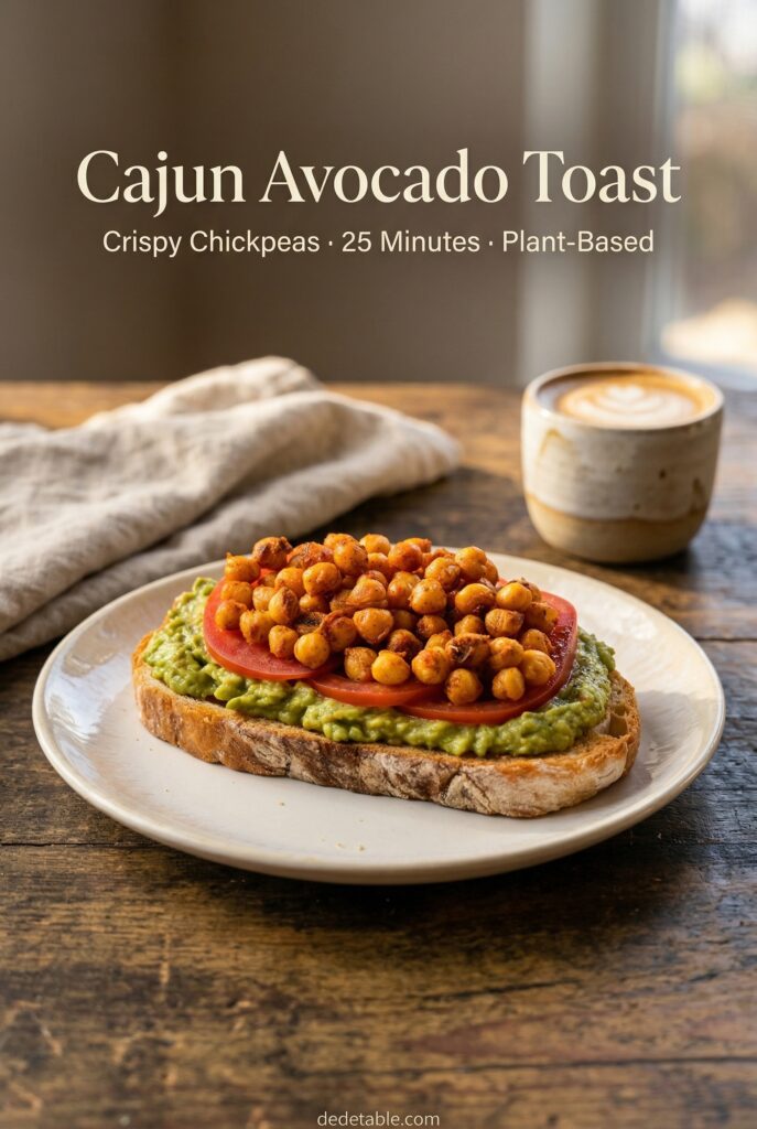 Pinterest pin image for Cajun Avocado Toast recipe — crispy Cajun chickpeas on sourdough with mashed avocado and tomato from dedetable.com